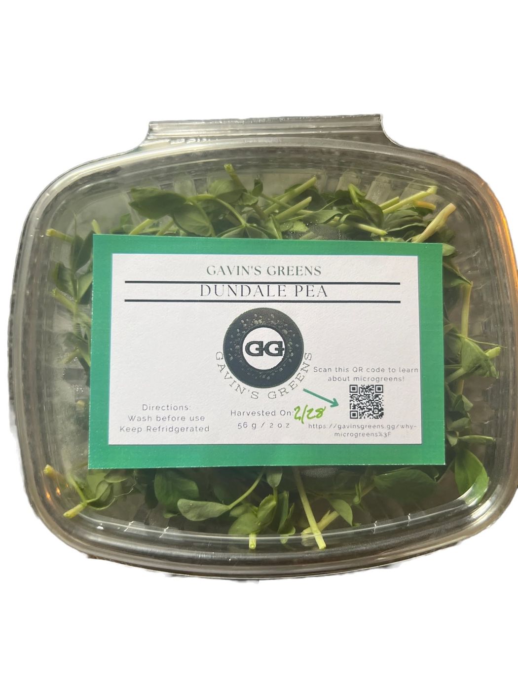 A labeled Gavin's Greens container